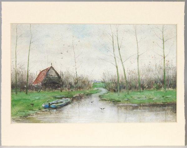 Charles Francois Daubigny Watercolor River Landscap: Chas. Daubigny River Landscape Watercolor. Signed and dated 1870. Charles Francois Daubigny, (French 1817-1878). From a family of painters, in 1866 Daubigny visited England. In London he met Claude Mo