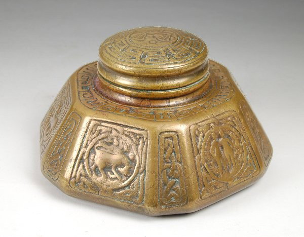 Tiffany Studios Bronze Zodiac Inkwell. 7"W.: Tiffany Studios Bronze Zodiac Inkwell. 7" W.