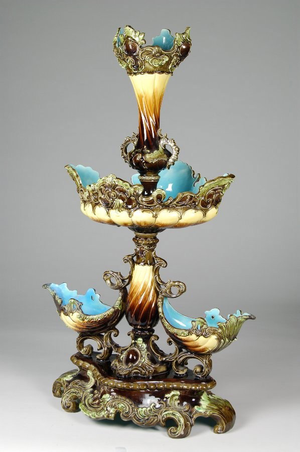 Monumental Majolica Epergne Centerpiece: Monumental Majolica Epergne Centerpiece, Impressive three tiered centerpiece standing just over 32" tall.