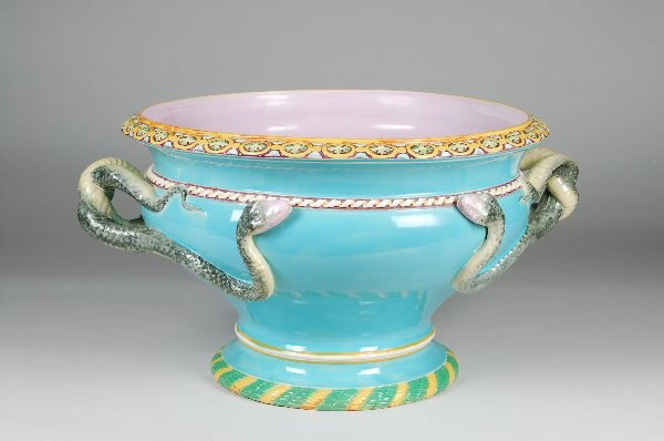 Monumental Majolica Jardiniere w/ Snake Handles: Massive jardiniere with interwoven snakes forming handles. Palace size being 24" W and 12-1/2" H. Probable unsigned Minton.