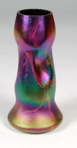 Rare Red Kralik Cloud Vase 8-1/4" tall. Multicolor: Rare Red Kralik Cloud Vase 8-1/4" tall. Multicolored boldly iridized finish over red ground. Same region and era as Loetz, but most likely Kralik.