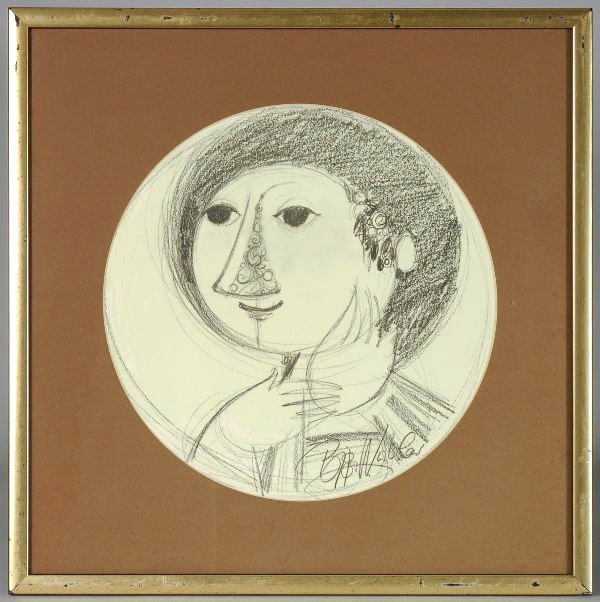 RARE Bjorn Wiinblad Pencil Sketch. Signed: Bjorn Wiinblad (Danish 1918-2006) Noted designer of mostly ceramics. Rare signed pencil sketck. Image 11" diam.
