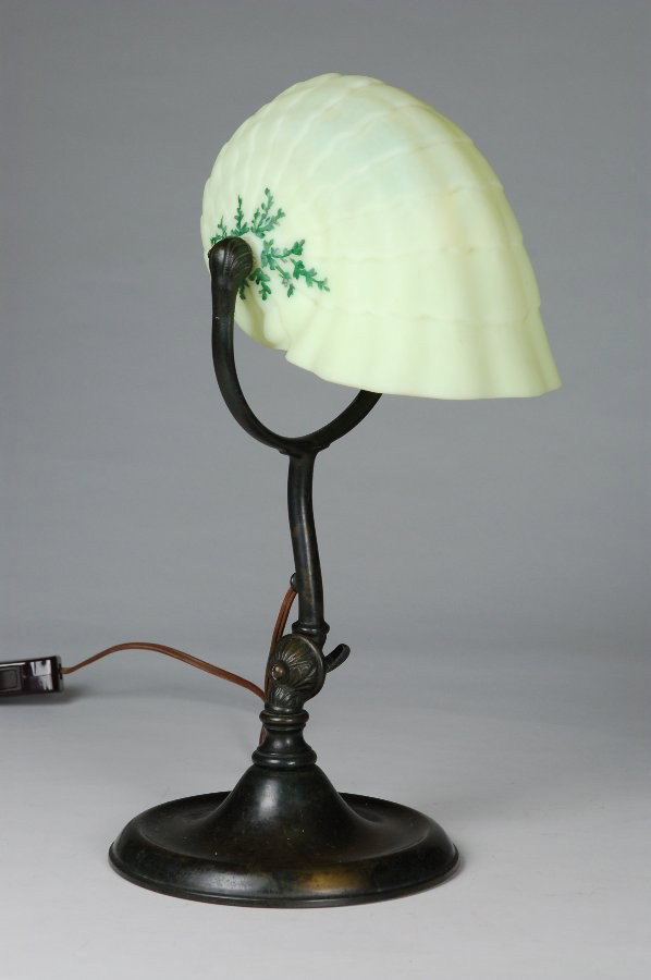 Rare Pittsburgh Shell Lamp: Rare Pittsburgh Shell Lamp with enamel decorated shade. 16" H.