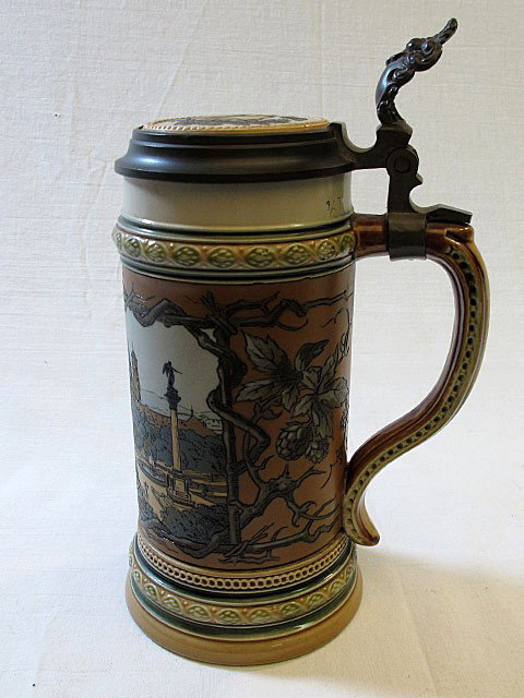 Incised Mettlach Stein #1863: Mettlach stein #1863. .5L, 9" including thumb rest. Lovely etched scene depicting Castle Square in Stuttgart. Inlay shield lid.