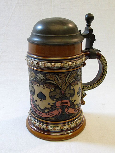 Incised Mettlach Stein #1395: Mettlach etched stein #1395. .5L, domed pewter lid. Suit of cards. 7 1/2" height.