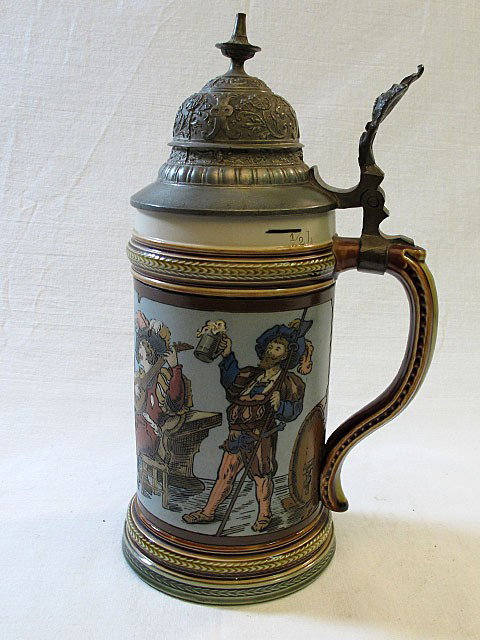 Incised Mettlach Stein #2231: Mettlach etched stein #2231. .5L, ornate pewter lid. Drinkers with musician.