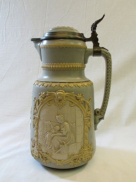 Mettlach Cameo Stein Pitcher #1872: Mettlach cameo stein pitcher #1872. Inlay lid. 12" high.