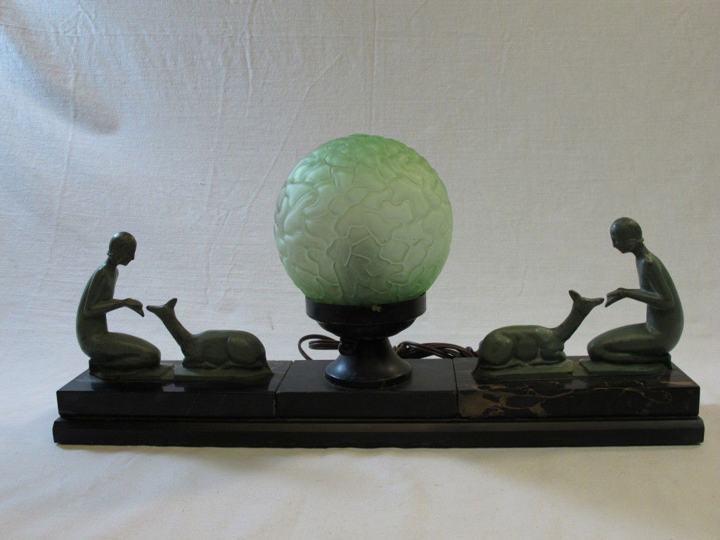 Vintage Art Deco Figural Marble Lamp: In the style of Frankart. 18 1/4" x 8 1/4" x 4". Marble base.