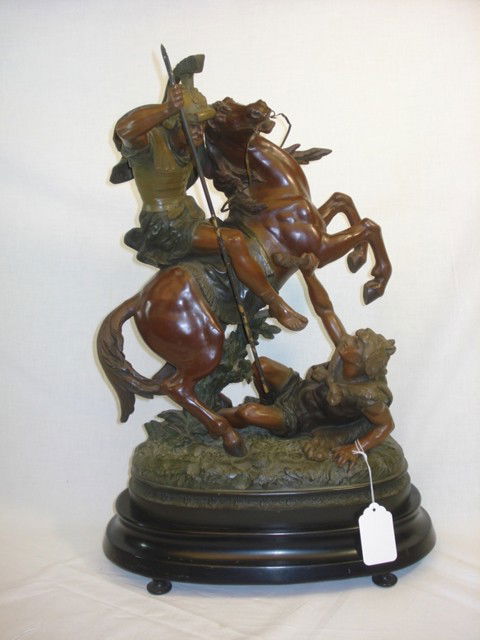 After Hippolyte Moreau Gladiator Sculpture: Large signed 1870-1880 Hip Moreau dynamic Roman battle white metal sculpture. 24" x 16" x 7".