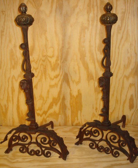 Bronze and Iron Figural Andirons Attributed to Yel: Bronze and iron figural andirons attributed to Samuel Yellin. Excellent design and quality. Unsigned, however, superior craftsmanship, especially in bronze casting, indicates these were made by Samuel