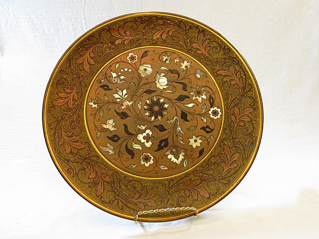 Multi Patina/ Mother of Pearl Inlaid Bronze Charger: Wonderful gilt, patina and mother of pearl decorated bronze charger. Signed on back " Corviniello Patent 66" as it was made using the process invented by Otto von Corvin. Signed on front and made by f