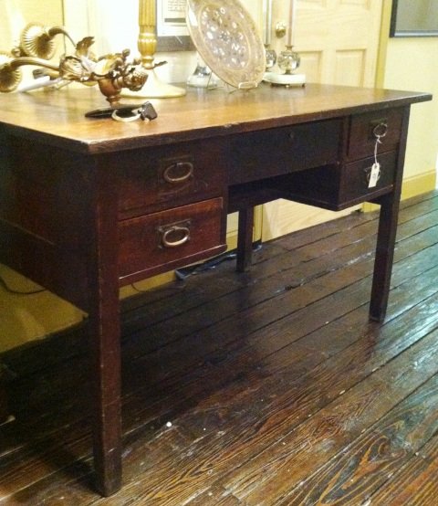 Gustav Stickley Desk #709: Rectangular top over five drawers and knee-hole compartment, paneled back and sides with flush-tenon construction, branded signature, 42"w x 24"d x 29"h