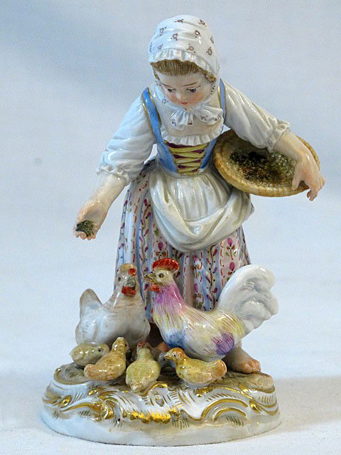 19th Century Meissen Girl with Chickens: 4 3/4" Girl feeding chickens. Lovely and pristine. Gorgeous example of 19th century Meissen. Blue crossed swords mark, incised model numbers.