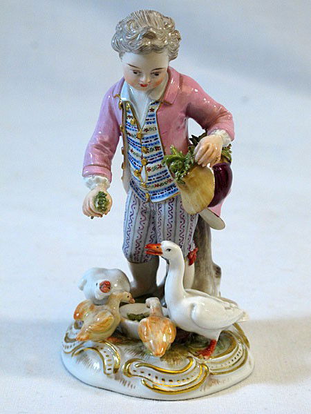 19th Century Meissen Boy with Geese: Wonderful early Meissen, boy feeding geese. Blue crossed swords mark, incised model numbers. 5-1/4" tall