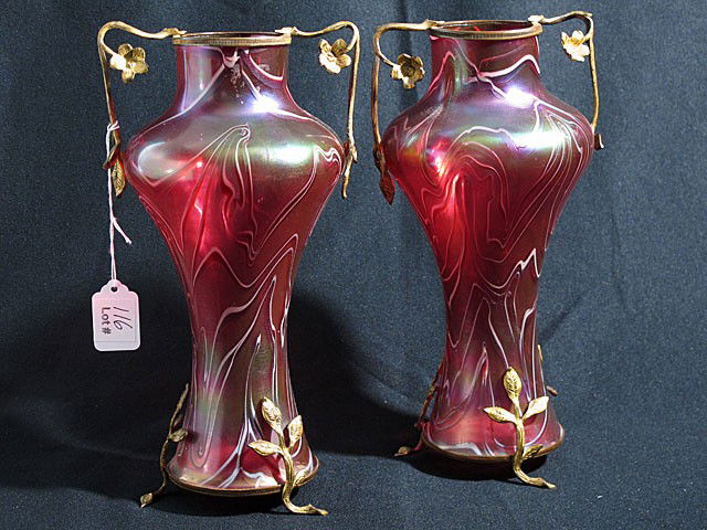 Pair 11" Kralik Vases W/ Bronze Mounts: Pair of 11 1/4" Kralik Art Nouveau vases with wonderful bronze mounts. Soft red glass with light iriedescence. Kralik was another of the great Austrian glass houses, same era and style as Loetz.