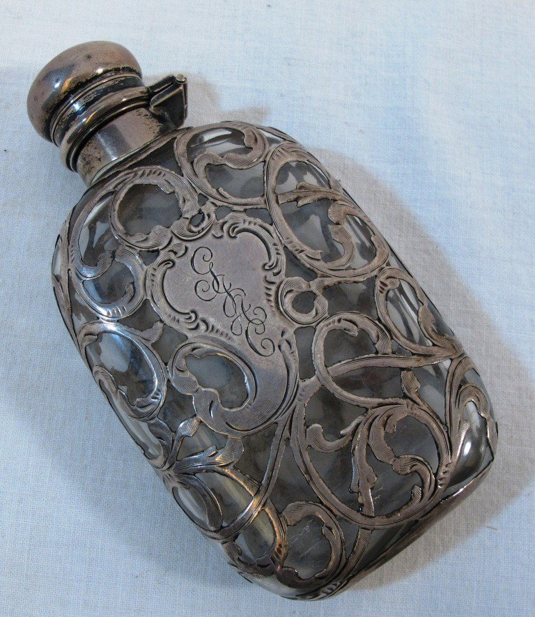 Small Alvin Sterling Silver Overlay Bottle Flask: Small 4" Sterling silver overlay ladies' flask.