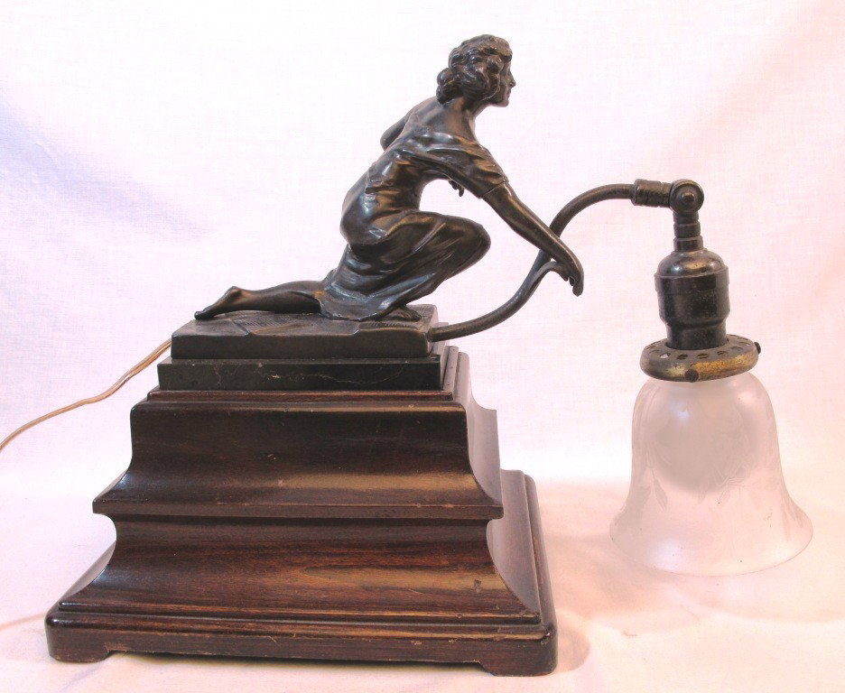 German Figural Piano Lamp with Etched Shade: 12 1/2" x 16". Art Nouveau muse figure kneels on sheet music. Marked Germany.