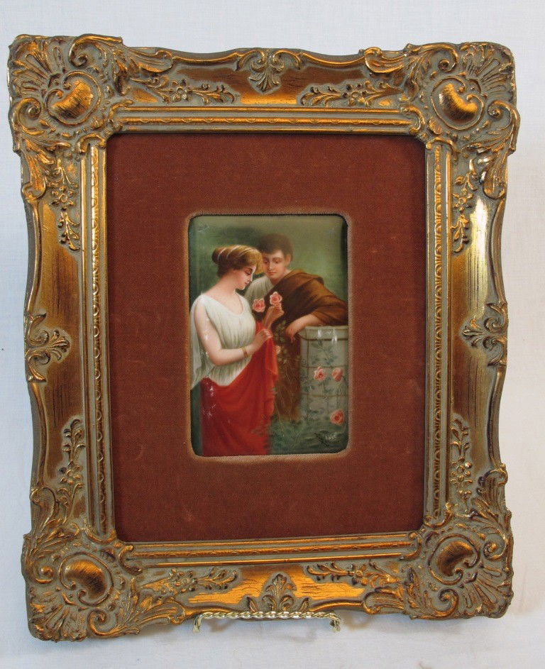 Hand PaintedBerlin Porcelain Plaque Signed Wagner: Excellent quality hand painted Berlin romantic scene. Same region, era ans quality of KPM. 3 3/4" x 5 1/2" image, 10 3/4" x 13" framed.
