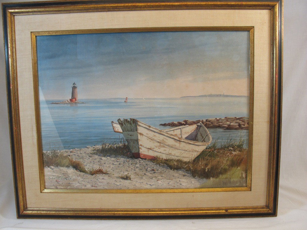 Signed Robert Chace Nautical Watercolor Painting: Boat on beach with lighthouse and buoy in distance. Watercolor on paper. 17" x 23" visible image.