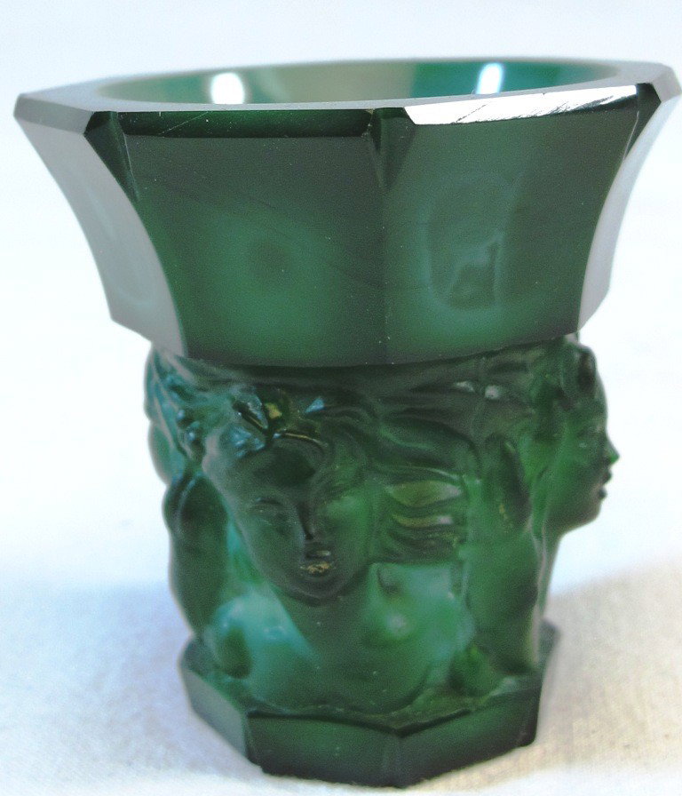 Set of 6 Art Nouveau Green Malachite Shot Glasses: Set of 6 green malachite glass shot glasses, height 2 1/4" in Art Nouveau style.
