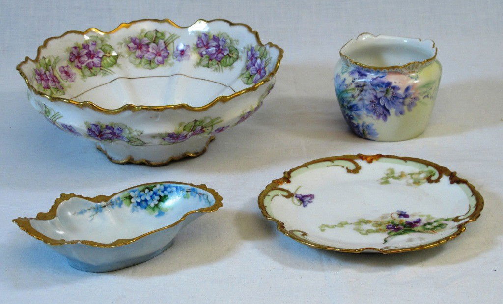 Lot of 4 Hand Painted French Porcelain: 9" x 3" Limoges bowl with violets, 3" T&V France floral painted vase, 6 1/4" Limoges plate with violets, 6" pin tray marked Austria.