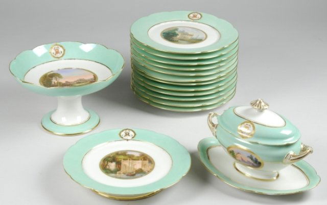 Old Paris Dessert Set Tableware: Twelve 8 1/2" plates, 9" x 6 1/4" sauce boat, 5" x 8 1/2" d compote, 1 1/2" x 8 1/2" d tray. Beautifully hand painted with a variety of scenes. "R" monogram.