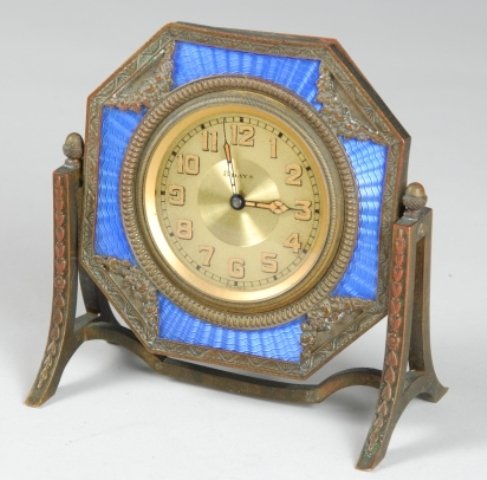 French Guilloche Enameled Table Clock: Lovely French guilloche table or desk clock. 4 1/2" h x 4 1/4 w. Marked "8 Days" and France.