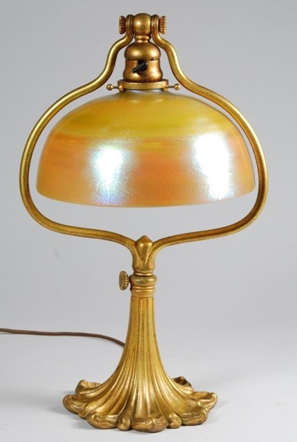Tiffany Studios Dore Harp Lamp & Damascene Shade: Tiffany Studios Dore adjustable harp lamp with 10" gold Damascene shade. Both shade and base signed and numbered.