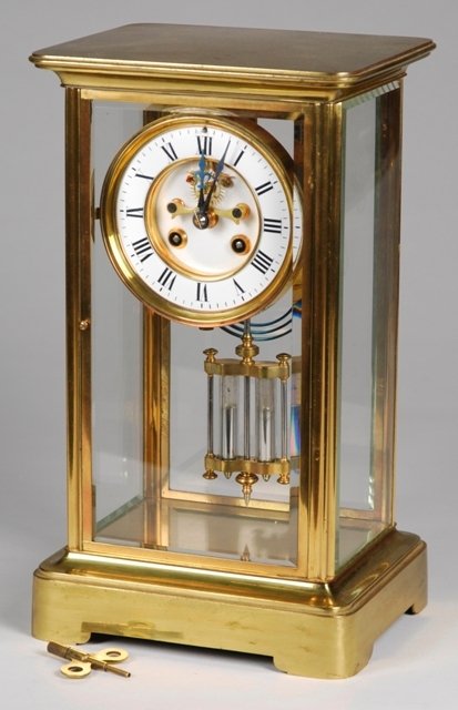 S. Marti French Crystal Regulator Clock: French crystal regulator clock signed S. Marti. Open escapement, beveled glass and gilt brass case.
