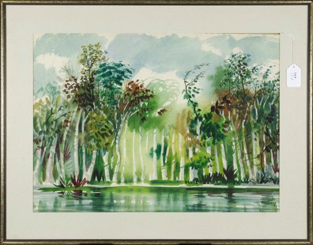 Michael Frary Watercolor "Reflections": Framed signed Texas artist Michael Frary (1918-2005) watercolor "Reflections". 22" x 30"; 29" x 37" framed. From Meredith Long Gallery. Texas swamp or bayou.