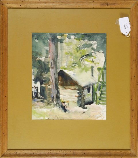 Janet Shook Lacoste 1949 Watercolor "Cabin": Framed signed Texas artist Janet Shook Lacoste watercolor of cabin in the woods. Signed Janet Shook 1949. 11 1/2" x 13 1/2"; 21" x 24" framed.