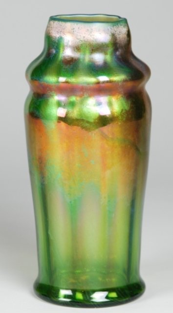 Tiffany Studios Reactive Vase: Lovely 9" Tiffany Studios iridescent reactive vase. Signed "LCT F1953"
