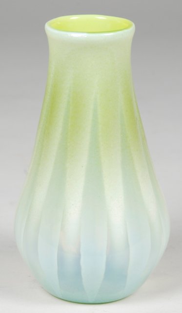 Tiffany Studios Pastel Striped Opalescent Vase: Signed "LCT 272V", Tiffany pastel striped opalescent vase. 6".