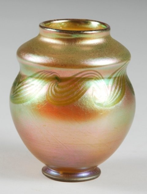 Tiffany Studios Fraville Decorated Cabinet Vase: 3 7/8" Tiffany gold iridescent cabinet vase. Marked LCT 6249B.