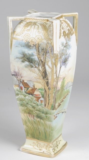 Large Nippon Four Handled Squared Vase: Large 13" squared hand painted four-handled Nippon vase. Elaborately well done.