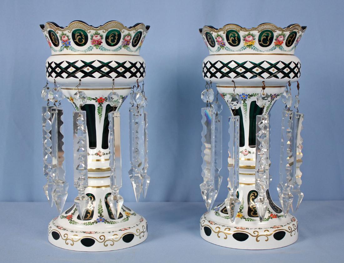 Pr. 14" Bohemian White Cut to Green Mantle Lusters: Pair of Oversized 14" H. X 7.25" Dia. Bohemian White Cut to Green Mantle Lusters.