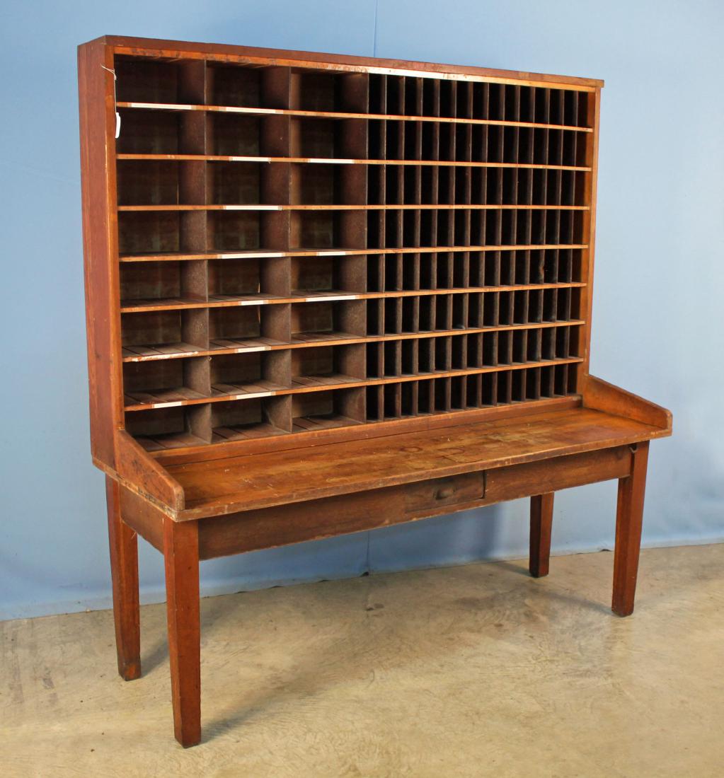 1st Half 20th C. U.S Post Office Sorting Table: First half of 20th century US Post Office mixed woods sorting table. Approx. 72" wide x 75" high x 25.5" deep.