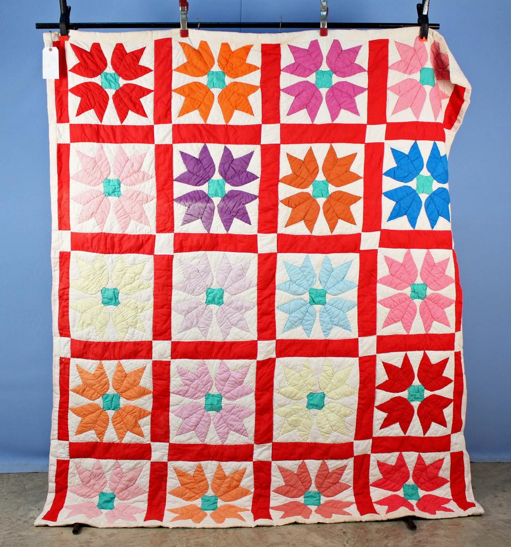 Red & White Multi Color Tulip Quilt 66.5" X 78.5" (1 of 2)