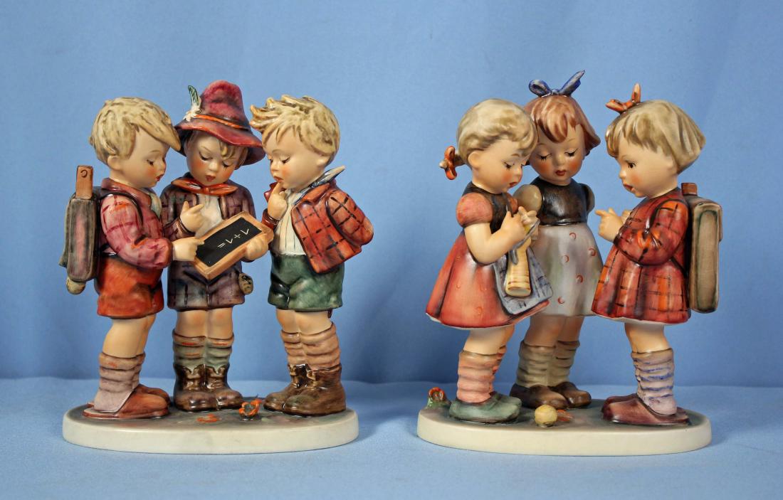 Hummel Goebel School Boys and School Girls TMK-5: Hummel Goebel School Boys and School Girls TMK-5. (1) "School Boys" #170/1, TMK-5, 7 1/2" High. (1) "School Girls" #177/1 TMK-5, 7 3/4" High.