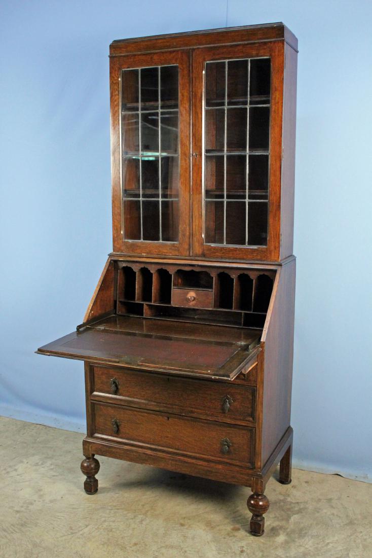 Oak Leaded Glass Drop Front Desk w/ Bookcase