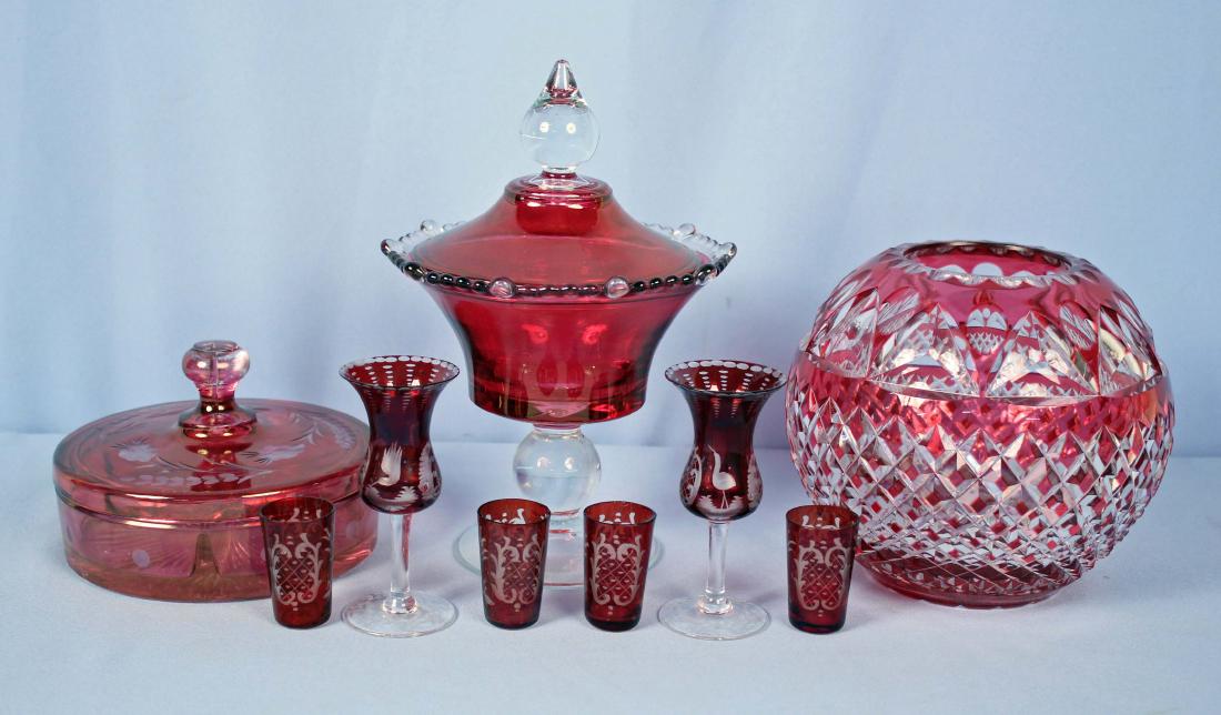 9 Pcs Ruby & Cranberry Glass, Large Rose Bowl Etc.: 9 Pcs Ruby & Cranberry Glass, Large Rose Bowl Etc. Rose bowl is very heavy crystal and is 6.25" X 7" Dia. (4) Shot glasses are 2" High.