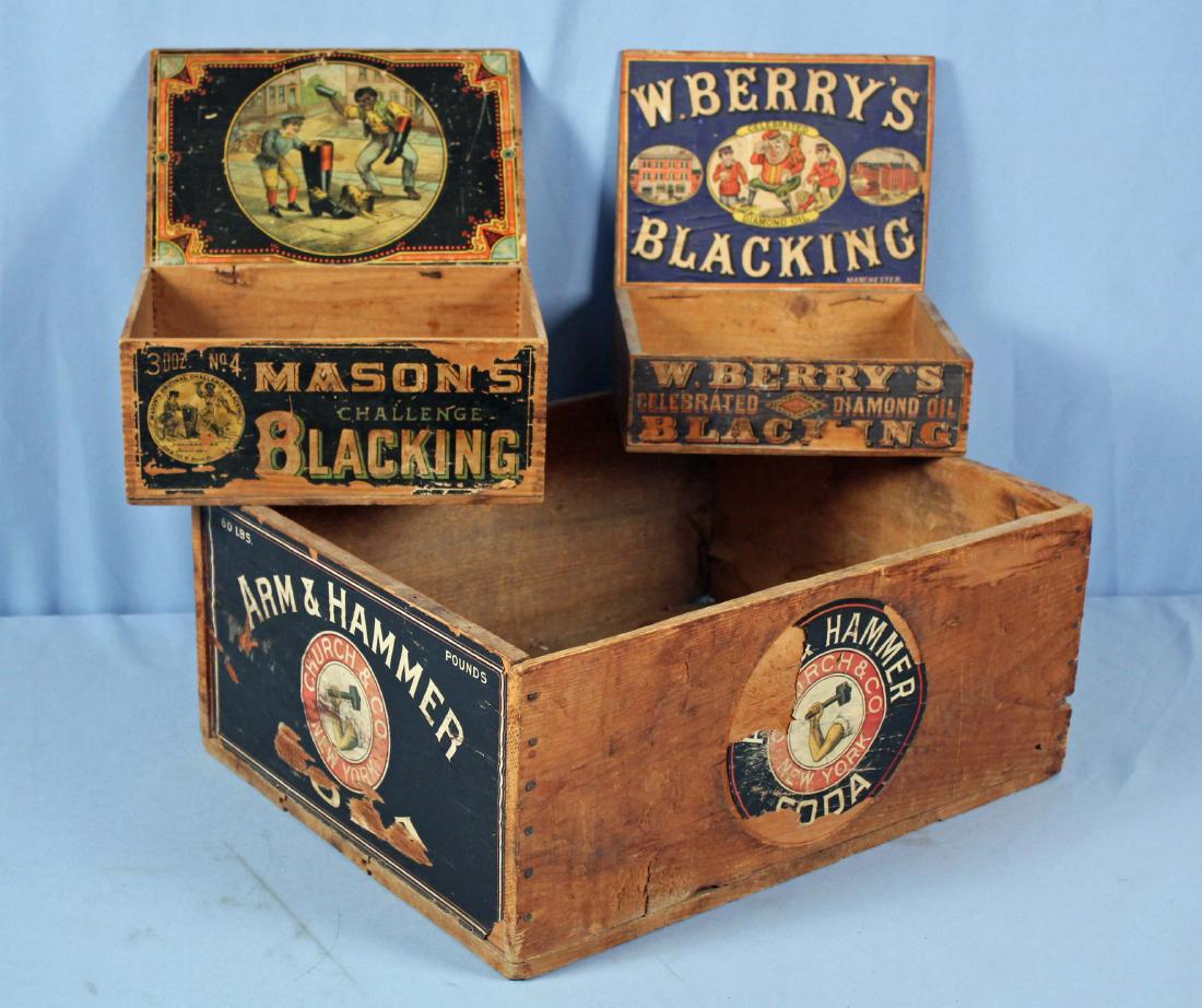 Three Wooden Advertising Boxes, Mason's, Berry's: Three Wooden Advertising Boxes, Mason's, Berry's and Arm and Hammer. (1) Arm and Hammer wooden soda crate, 20" X 16" X 8.5" High. (1) W. Berry's Celebrated Diamond Oil Blacking wooden display box, 7.7