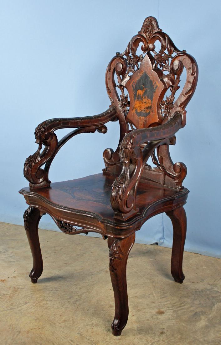 C.1850 Black Forrest Music Box Chair w/ Stag & Ram