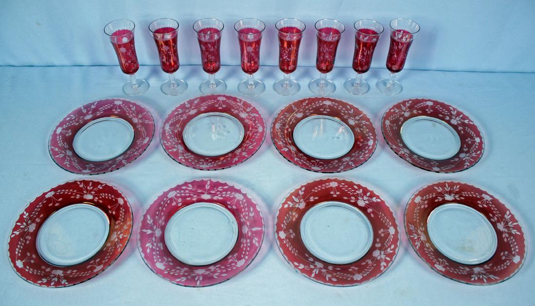 8 Etched Cranberry Champagne Flutes & (8) 8" Plate (1 of 3)
