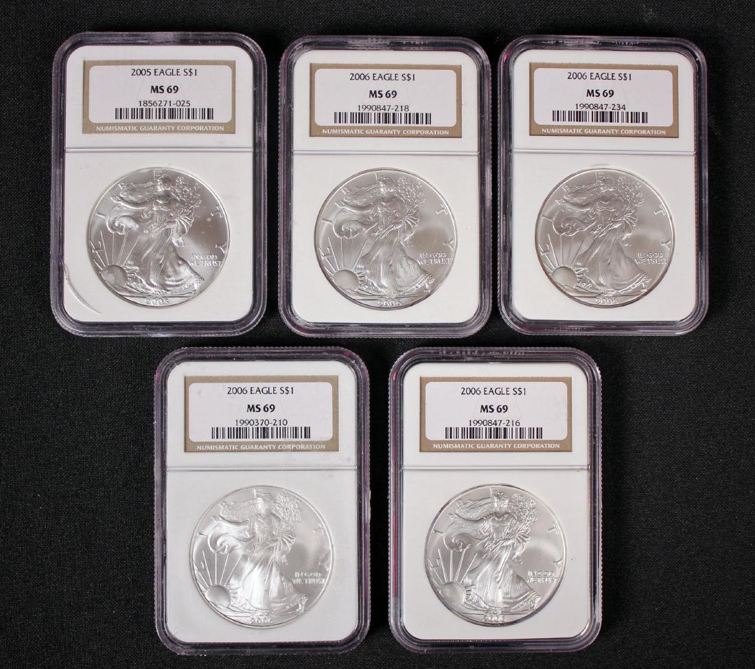 Five MS 69 American Eagle One Troy Oz Silver Coins (1 of 4)