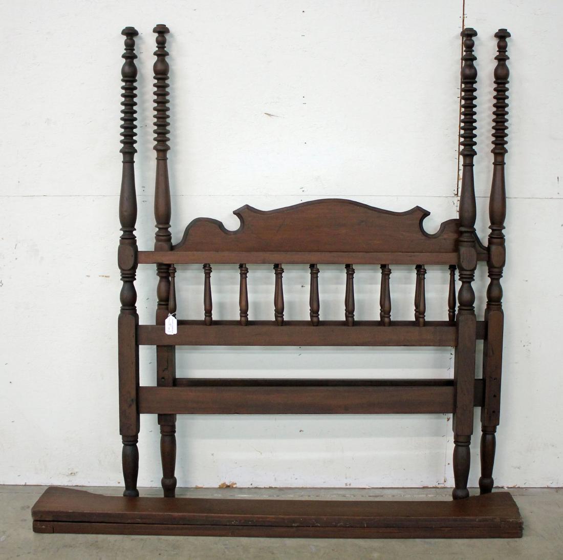 Four Poster Walnut Finish Spool Bed Mid 19th C.: Four Poster Walnut Finish Spool Bed Mid 19th C. 73 1/2" H. X 53 1/2" Wide X 77 3/4" Long. One rail has insect damage and bed is missing rail bolts.