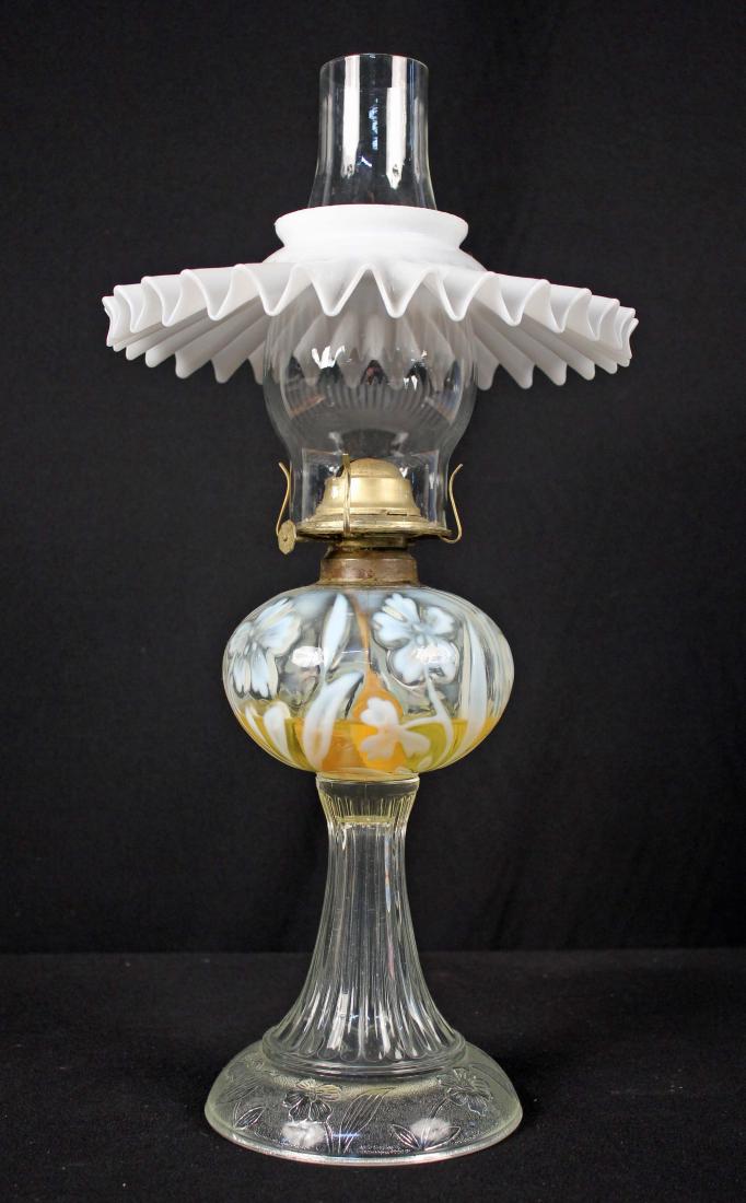 # 2 Oil Lamp w/ Embossed & Opalescent Flowers (1 of 5)