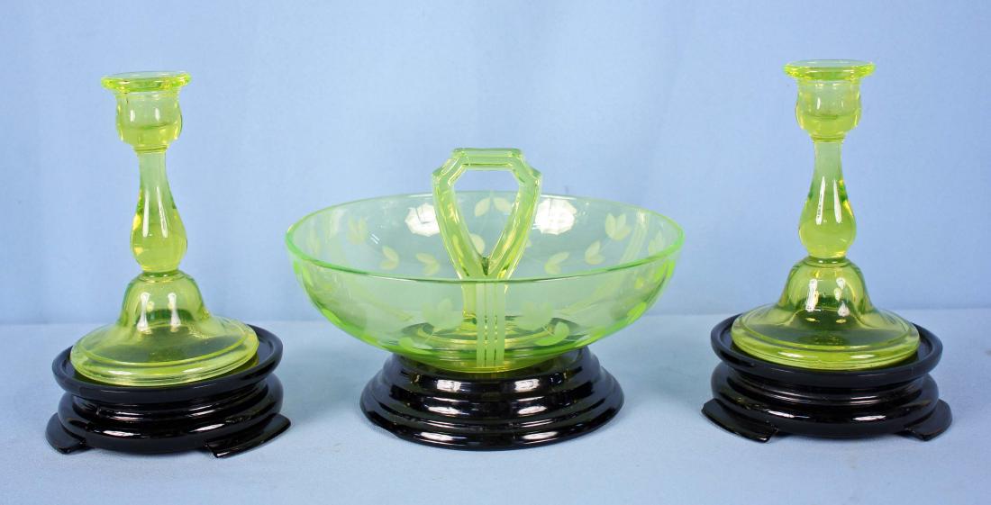 Vaseline Glass Candlesticks & Bowl w/ Black Bases (1 of 3)