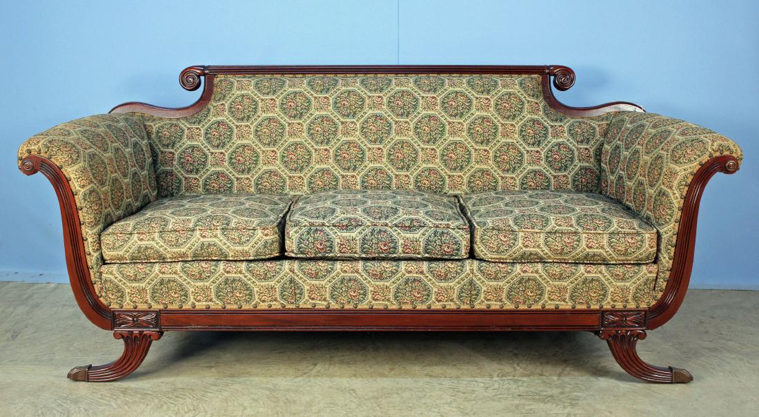 Duncan Phyfe Style Sofa W/ Rose Tapestry Cover: Duncan Phyfe Style Sofa W/ Rose Tapestry Cover.