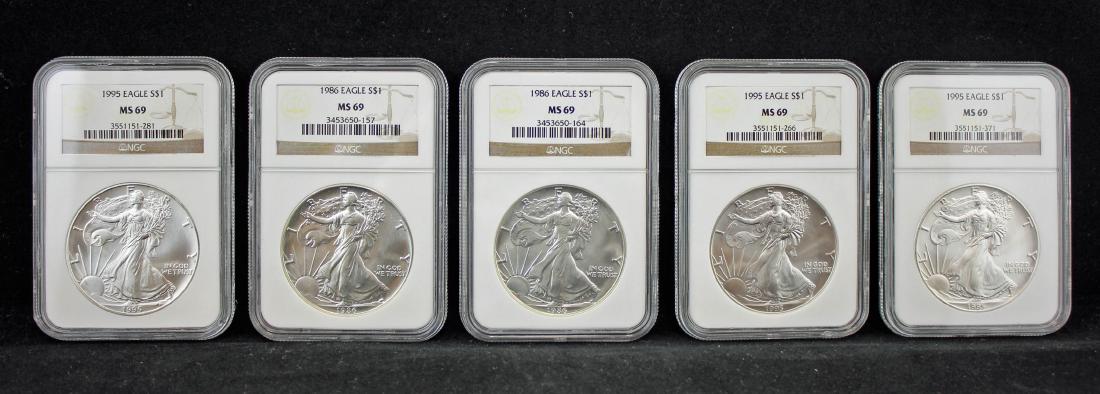 5  American Silver Eagles 1986 & 1995 NGC MS 69 (1 of 5)